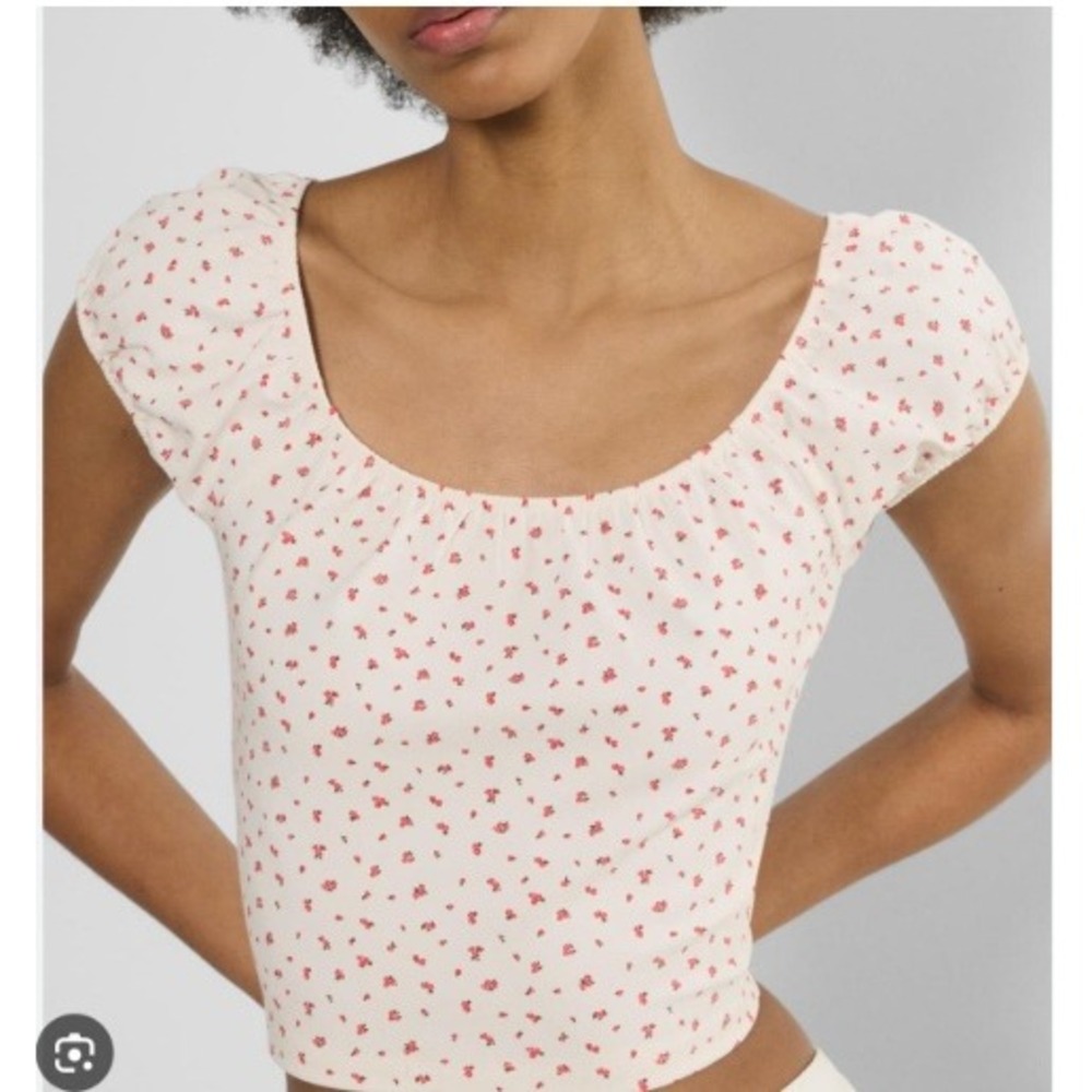 Sunday Best Aritzia Crop Top Women L White Red Ditsy Floral Milkmaid Puff Sleeve